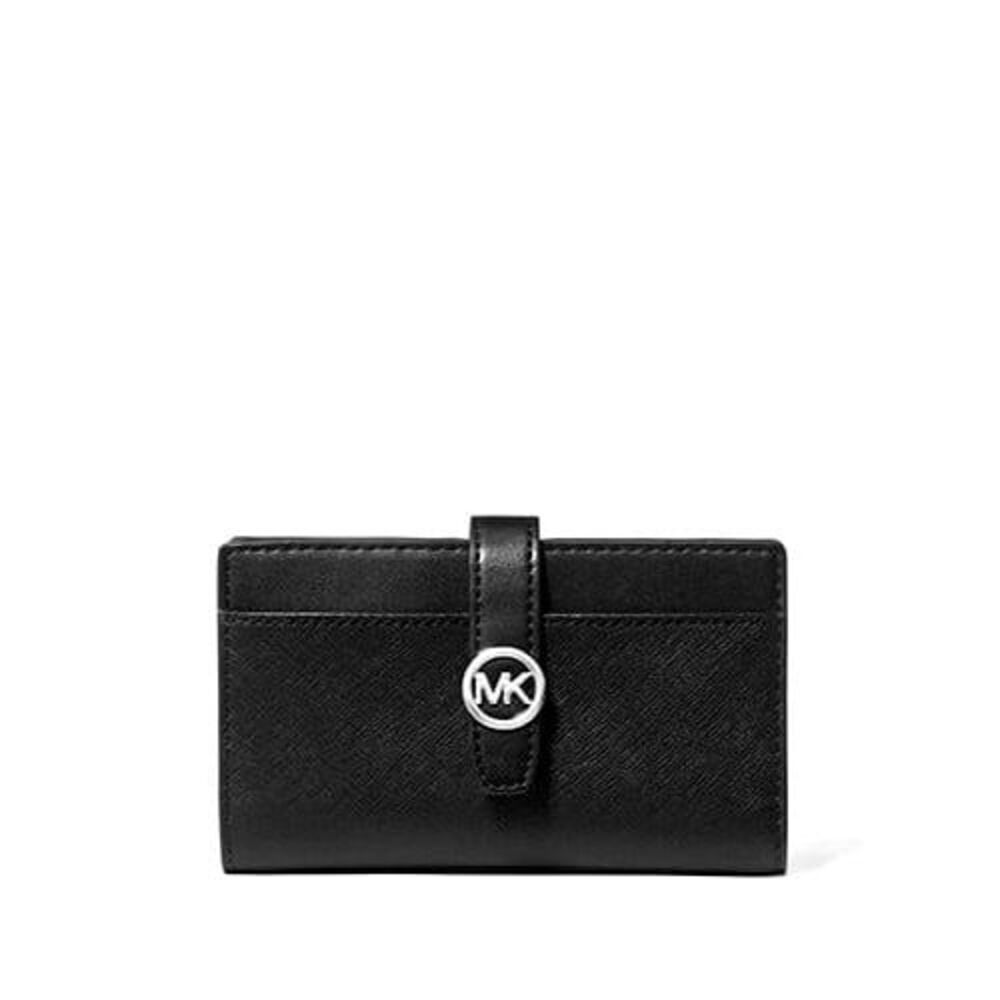 New Michael Kors Greenwich Medium Saffiano Leather Wallet Black with Silver